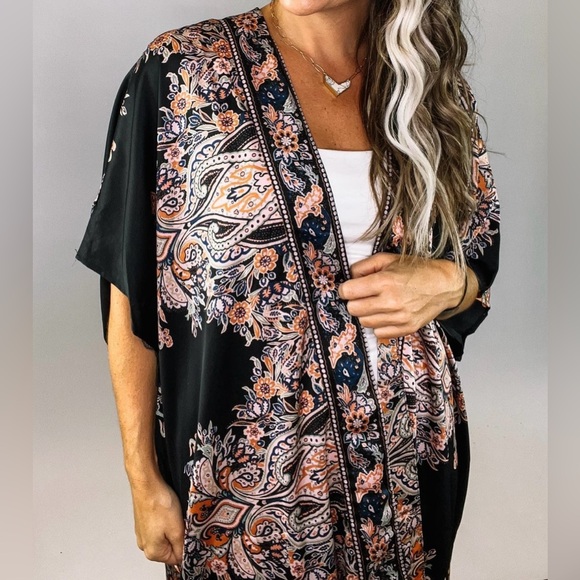 NWT UMGEE Floral Print Boho Silky Kimono Duster Coverup Black - Picture 4 of 5